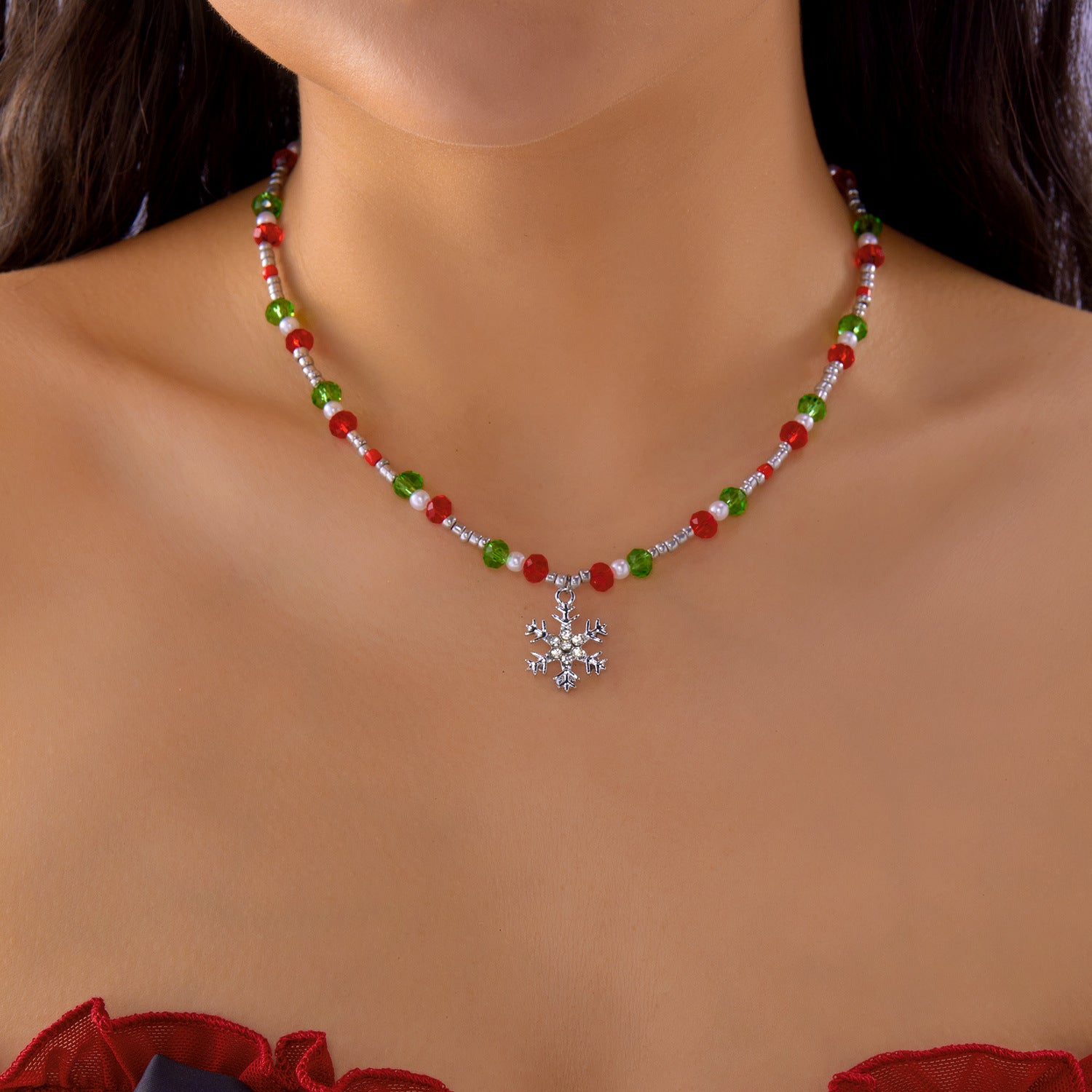 Wholesale Christmas Ornaments Beaded Snowflake Christmas Tree Pendant Necklace
